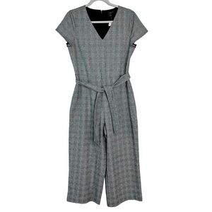 Ann Taylor Petite Wide Leg Crop Plaid Jumpsuit Sz 8P Black White Belted Pockets